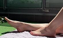 huge cock spied on balcony jerking wildly before exploding over wife's massive feet below