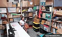 shaved teen shoplifter punished rough doggystyle by guard in garage