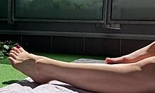 huge cock spied on balcony jerking wildly before exploding over wife's massive feet below