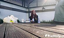 Redhead Kneels Teasing Horny Man's Pulsing Cock