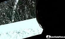 Stepmom flashes her sexy tits before peeing outdoors in the snow