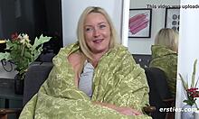 Inge's swollen shaved pussy fingered intimately close-up with vibrator on bed