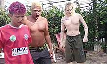 blonde cutie moans as uncle and friends cram monster cocks in her big ass mouth.