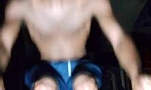 pretty skinny brunette mature solo workout in gym with roommate vibes.