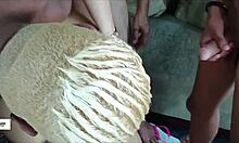 blonde cutie moans as uncle and friends cram monster cocks in her big ass mouth.