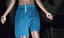 pretty skinny brunette mature solo workout in gym with roommate vibes.