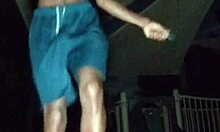 pretty skinny brunette mature solo workout in gym with roommate vibes.