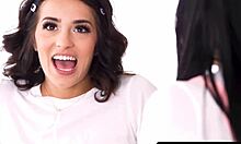 Lesbian teen babe queening brunette cutie to orgasm in private bed foreplay.