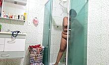 Feel the steam as stepmom showers flaunting her huge natural big tits and fat bbw pussy curves