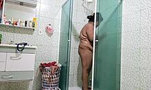 Feel the steam as stepmom showers flaunting her huge natural big tits and fat bbw pussy curves