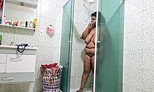Feel the steam as stepmom showers flaunting her huge natural big tits and fat bbw pussy curves