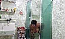 Feel the steam as stepmom showers flaunting her huge natural big tits and fat bbw pussy curves