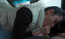 Skinny College Cutie Deepthroats in Car Then Rides Cowgirl Outdoor with Her Sexy Friend