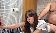 petite hairy teen quickie creampie from stepdad in bathroom while friends wait