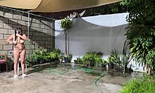 Chubby latina housewife loves rough clit sucking big pussy eaten in garden dorm.