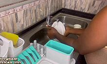 Black Pregnant Ebony Fucks Big Black Cock Bent Over Kitchen Doggystyle Lingerie Cum Covered