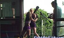 Lesbian babes wrestle then one rims the winner's tight ass deep with tongue after glamorous fingering