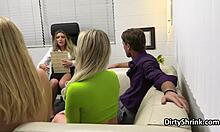 dilf's thick cock sucked deep by three blonde milfs during therapy session