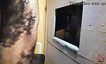 Redcatsroom gives first footjob cum domination at gloryhole for small cock