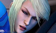 Blonde teen facefucked by monster cock in Zero Suit Samus costume