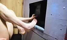 Redcatsroom gives first footjob cum domination at gloryhole for small cock