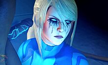 Blonde teen facefucked by monster cock in Zero Suit Samus costume