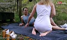 Young blonde amateur rides older man's monster cock outdoors