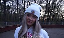 met this hot blonde teen on street gave her pov blowjob then creampie fucked outdoors