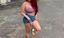 hot street slut drops to knees for huge cock deepthroat in public toilet, gagging till facial cumshot.