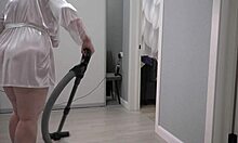 a home cam spies on thick-ass mature housewife in short robe flashing big chubby boobs backstage