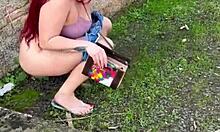 hot street slut drops to knees for huge cock deepthroat in public toilet, gagging till facial cumshot.