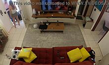 Intrigued delivery man recognizes hot wife thay ksada on sofa and gets teasing suck with english subtitles