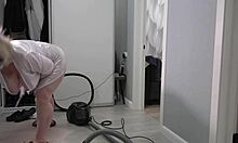 a home cam spies on thick-ass mature housewife in short robe flashing big chubby boobs backstage