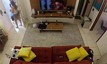 Intrigued delivery man recognizes hot wife thay ksada on sofa and gets teasing suck with english subtitles