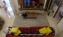 Intrigued delivery man recognizes hot wife thay ksada on sofa and gets teasing suck with english subtitles