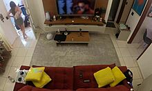 Intrigued delivery man recognizes hot wife thay ksada on sofa and gets teasing suck with english subtitles