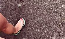 hot street slut drops to knees for huge cock deepthroat in public toilet, gagging till facial cumshot.