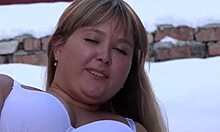 damn this curvy pawg beauty strips naked fucks dildo outdoors in christmas snow lingerie