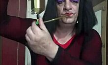 shy crossdresser teases self-fill with homemade toy