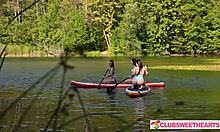 three sexy shaved teens lick wet pussies in outdoor threesome fingering frenzy