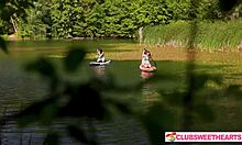 three sexy shaved teens lick wet pussies in outdoor threesome fingering frenzy