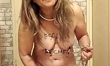 that french housewife slut bends over for a harsh belt whipping session on her big tits