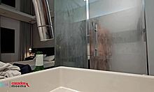 hubby cuckold watches his latina wife shower and play with massive bbc