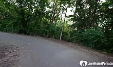 horny traveler picks up babe for footjob in forest woods