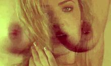 Hot blonde teen whore masturbates shaved pussy and tits on desk solo