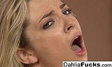 Hot blonde teen whore masturbates shaved pussy and tits on desk solo