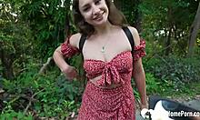 horny traveler picks up babe for footjob in forest woods