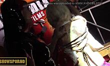 femdom brunette dominates bound teen blonde in intense session