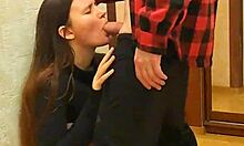 Fit brunette neighbor gives slow pov blowjob perfect boobs then standing doggy