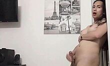 Ladyboy Strokes Monster Cock During Workout